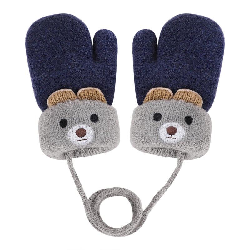 Holiberty Toddler Baby Knitted Winter Gloves Cable Mittens Cute Cartoon Bear Kids Boys Girls Thermal Thick Fleece Lined Gloves Wool Warm Knit Snow Ski Cold Weather Gloves Children with String Age 0-3Y - Image 1
